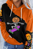 Black Orange Casual Print Patchwork Hooded Collar Tops