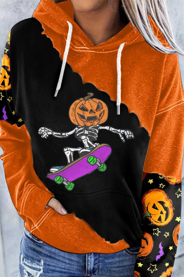 Orange Black Casual Print Patchwork Hooded Collar Tops