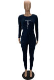 Navy Blue Casual Print Patchwork O Neck Long Sleeve Two Pieces