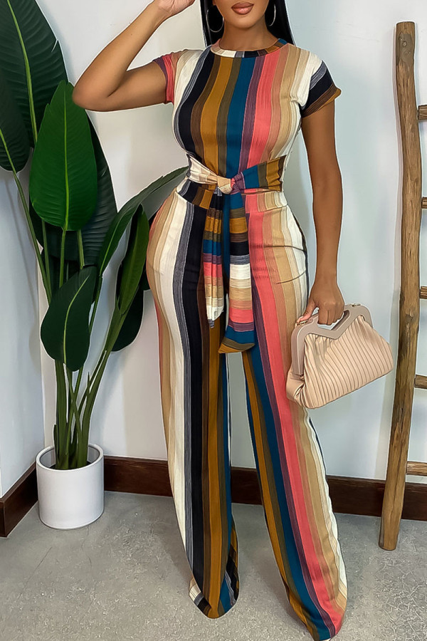 Colour Casual Striped Print Bandage Patchwork O Neck Short Sleeve Two Pieces