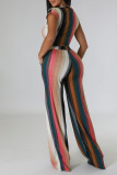 Colour Casual Striped Print Bandage Patchwork O Neck Short Sleeve Two Pieces