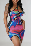 Blue Sexy Print Patchwork Asymmetrical Spaghetti Strap Pencil Skirt Dresses