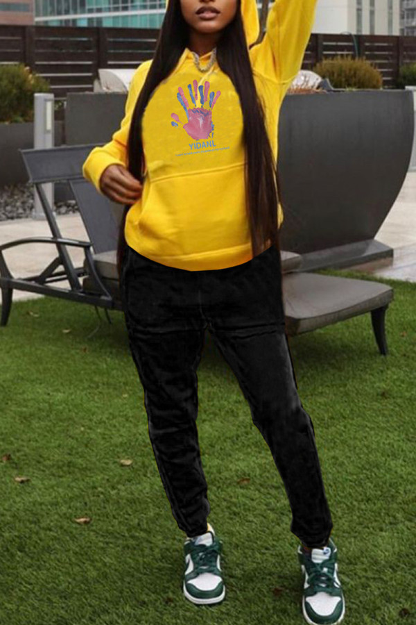 Yellow Casual Print Patchwork Hooded Collar Long Sleeve Two Pieces