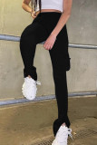 Blue Casual Solid Patchwork Slit Skinny High Waist Trousers