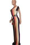 Colour Casual Striped Print Bandage Patchwork O Neck Short Sleeve Two Pieces