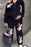 Black Casual Print Patchwork Zipper Collar Long Sleeve Two Pieces
