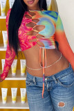Colour Sexy Casual Print Bandage Hollowed Out O Neck Tops