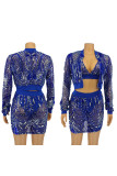 Peacock Blue Sexy Solid Sequins Patchwork Long Sleeve Two Pieces