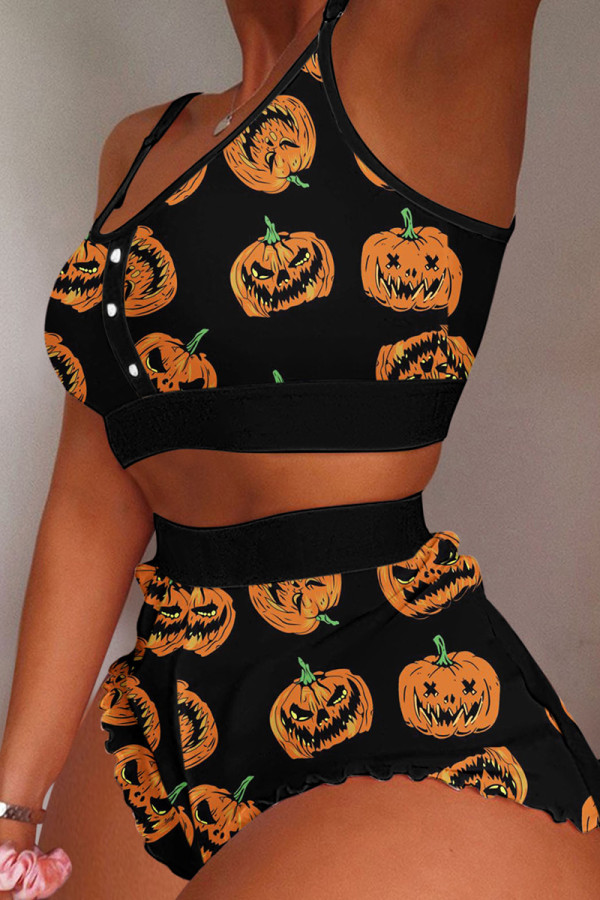 Black Orange Sexy Casual Print Patchwork U Neck Sleeveless Two Pieces