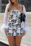 White Sexy Print Backless Strapless Sleeveless Two Pieces