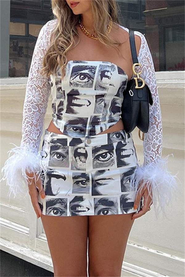 White Sexy Print Backless Strapless Sleeveless Two Pieces