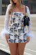 White Sexy Print Backless Strapless Sleeveless Two Pieces