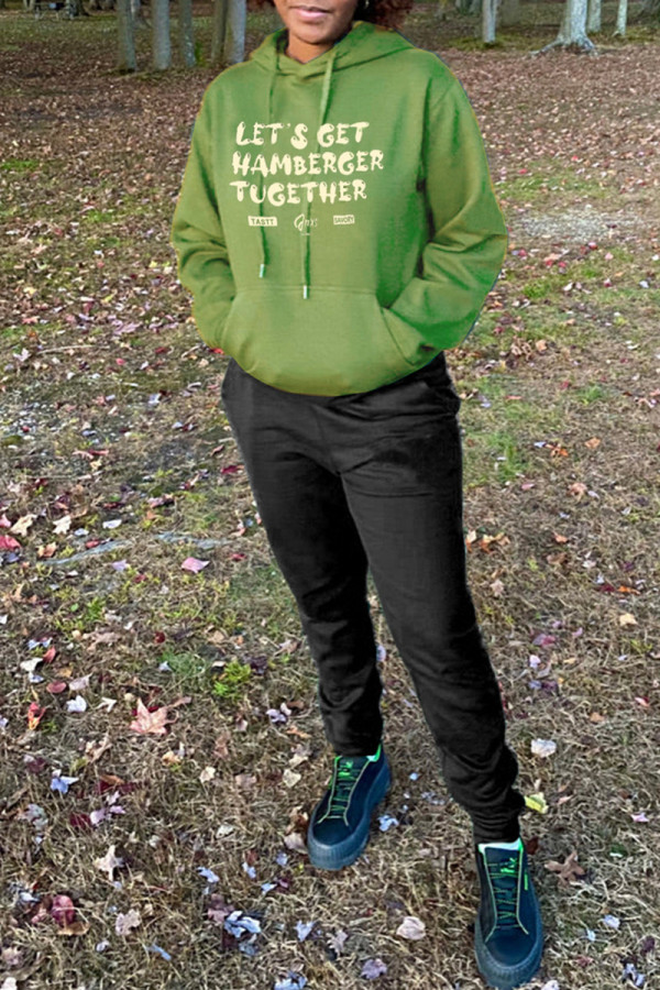 Green Casual Letter Print Patchwork Basic Hooded Collar Long Sleeve Two Pieces