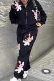 Black Casual Print Patchwork Zipper Collar Long Sleeve Two Pieces