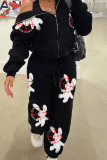 Black Casual Print Patchwork Zipper Collar Long Sleeve Two Pieces