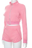 Pink Sexy Solid Zipper Turndown Collar Long Sleeve Two Pieces