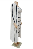White Casual Striped Print Make Old Long Sleeve Plus Size Two Pieces