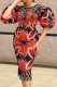 Red Elegant Print Patchwork O Neck One Step Skirt Dresses
