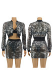 Peacock Blue Sexy Solid Sequins Patchwork Long Sleeve Two Pieces