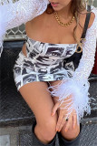 White Sexy Print Backless Strapless Sleeveless Two Pieces