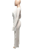 White Sexy Solid Patchwork Frenulum See-through Backless Asymmetrical V Neck Long Sleeve Two Pieces