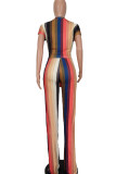 Colour Casual Striped Print Bandage Patchwork O Neck Short Sleeve Two Pieces