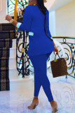 Blue Casual Solid Patchwork Turn-back Collar Long Sleeve Two Pieces