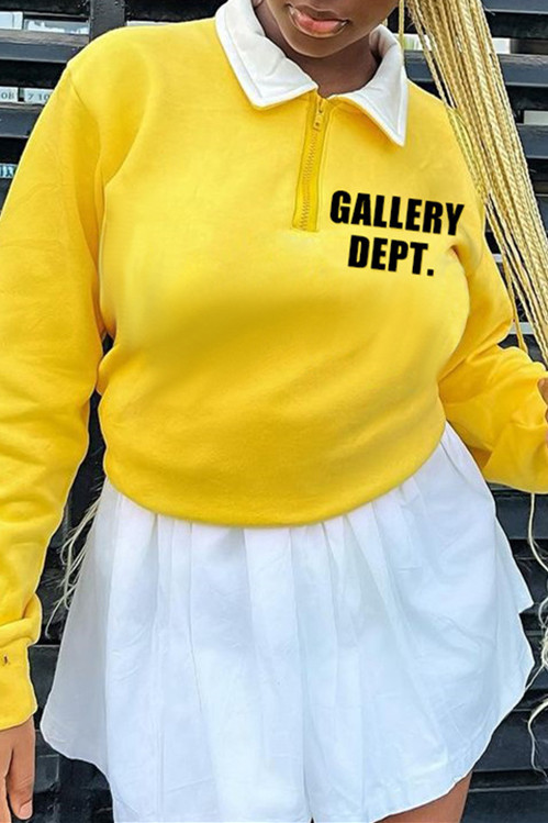 Yellow Casual Print Patchwork Zipper Turndown Collar Tops