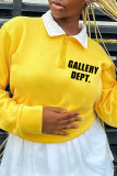 Yellow Casual Print Patchwork Zipper Turndown Collar Tops