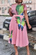 Pink Casual Print Patchwork Fold O Neck Pleated Short Sleeve Dress