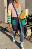 Multicolor Casual Patchwork Cardigan V Neck Outerwear