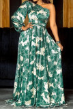 Green Elegant Print Patchwork Oblique Collar Dresses