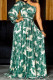 Green Elegant Print Patchwork Oblique Collar Dresses