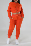Orange Red Casual Solid Patchwork Zipper Long Sleeve Two Pieces