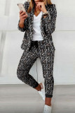 Black White Casual Print Patchwork Turndown Collar Long Sleeve Two Pieces