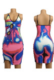 Blue Sexy Print Patchwork Asymmetrical Spaghetti Strap Pencil Skirt Dresses