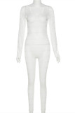 White Sexy Solid Hollowed Out See-through O Neck Skinny Jumpsuits