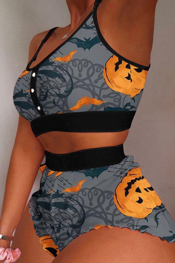 Dark Gray Sexy Casual Print Patchwork U Neck Sleeveless Two Pieces