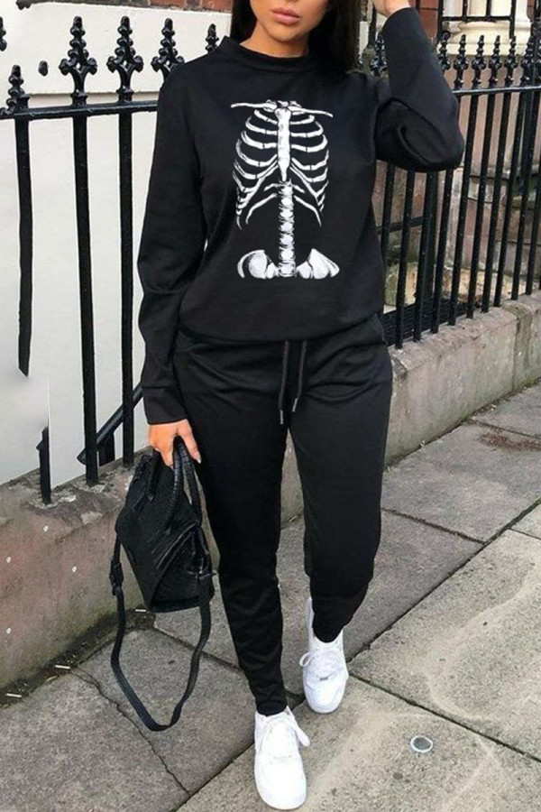 Black Casual Print Patchwork O Neck Long Sleeve Two Pieces