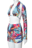 Red Sexy Print Patchwork Halter Long Sleeve Three Pieces