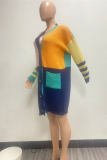 Multicolor Casual Patchwork Cardigan V Neck Outerwear
