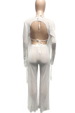 Pink Sexy Solid Patchwork Frenulum See-through Backless Asymmetrical V Neck Long Sleeve Two Pieces