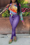 Purple Sexy Street Print Patchwork Buckle Turndown Collar Long Sleeve Two Pieces