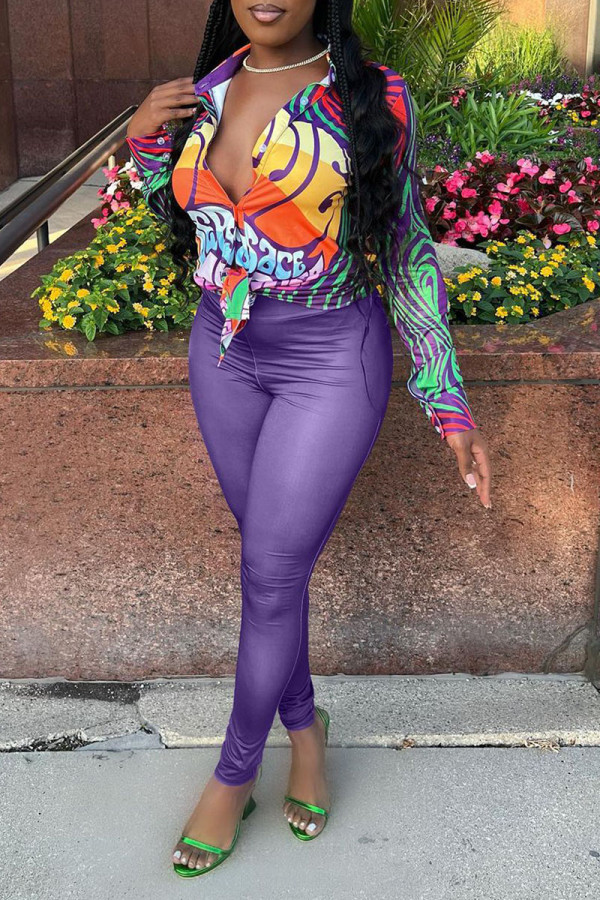 Purple Sexy Street Print Patchwork Buckle Turndown Collar Long Sleeve Two Pieces