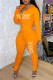 Orange Casual Letter Print Patchwork Hooded Collar Long Sleeve Two Pieces