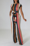 Colour Casual Striped Print Bandage Patchwork O Neck Short Sleeve Two Pieces