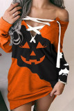Orange Casual Print Frenulum Off the Shoulder Long Sleeve Dresses