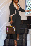 Black Casual Solid Patchwork Turn-back Collar Long Sleeve Two Pieces