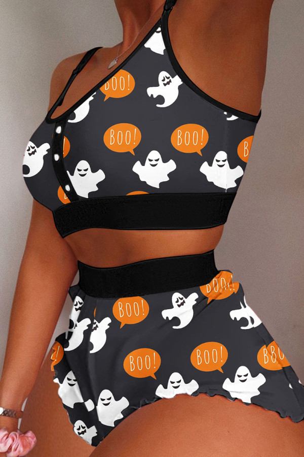 Black White Sexy Casual Print Patchwork U Neck Sleeveless Two Pieces