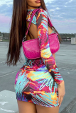 Red Sexy Print Patchwork Halter Long Sleeve Three Pieces